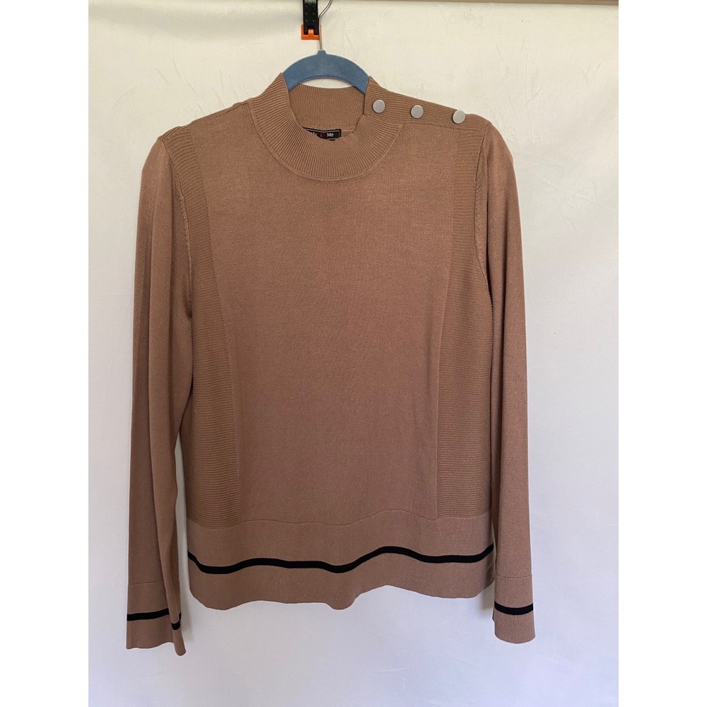 Lety & Me Jayla Button Detail Sweater Tan Mock Neck Black Stripe Large NWT